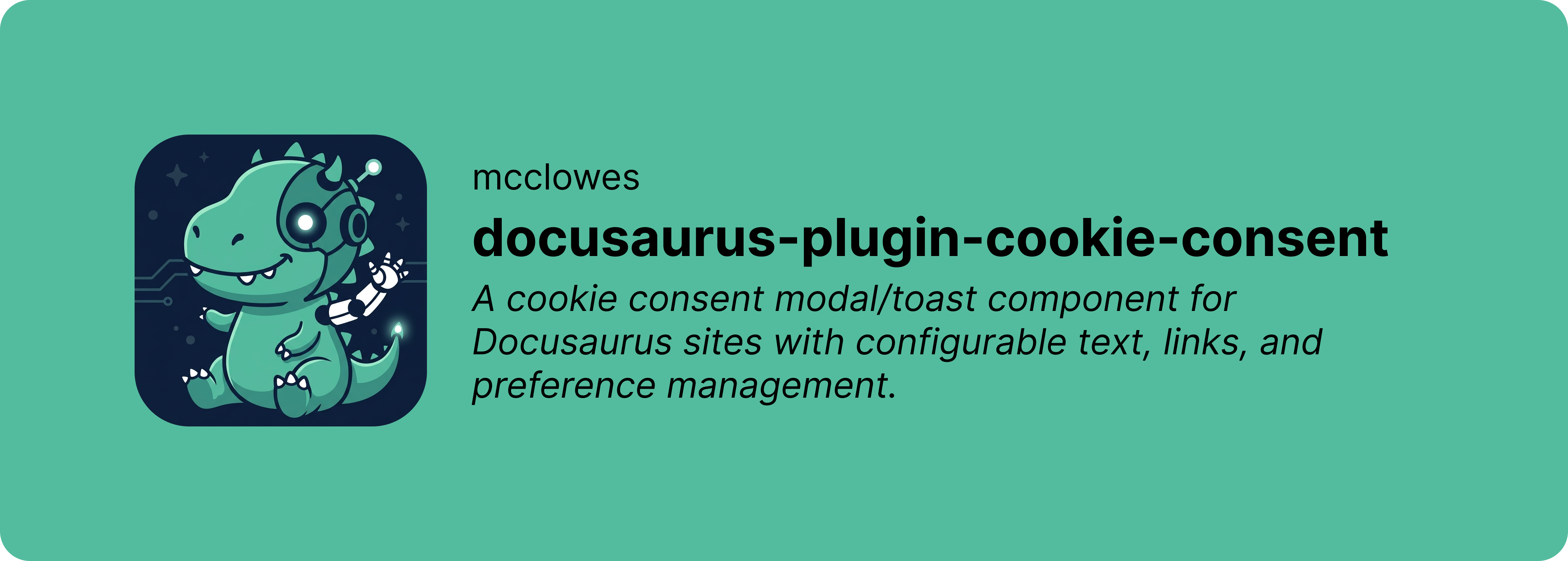 Banner for docusaurus-plugin-cookie-consent, featuring the plugin's dinosaur mascot